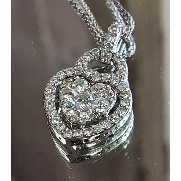 14k White Gold, 1ctw Natural Diamond, Heart Pendant, and Neclace. - Picture 1 of 7